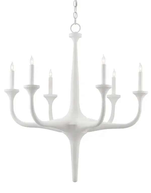 The Albion transforms wrought iron into an ethereal statement piece with its smooth gesso white finish. At 31 inches wide, it provides substantial presence without overwhelming medium-sized spaces. The sculptural design bridges traditional and contemporary aesthetics.