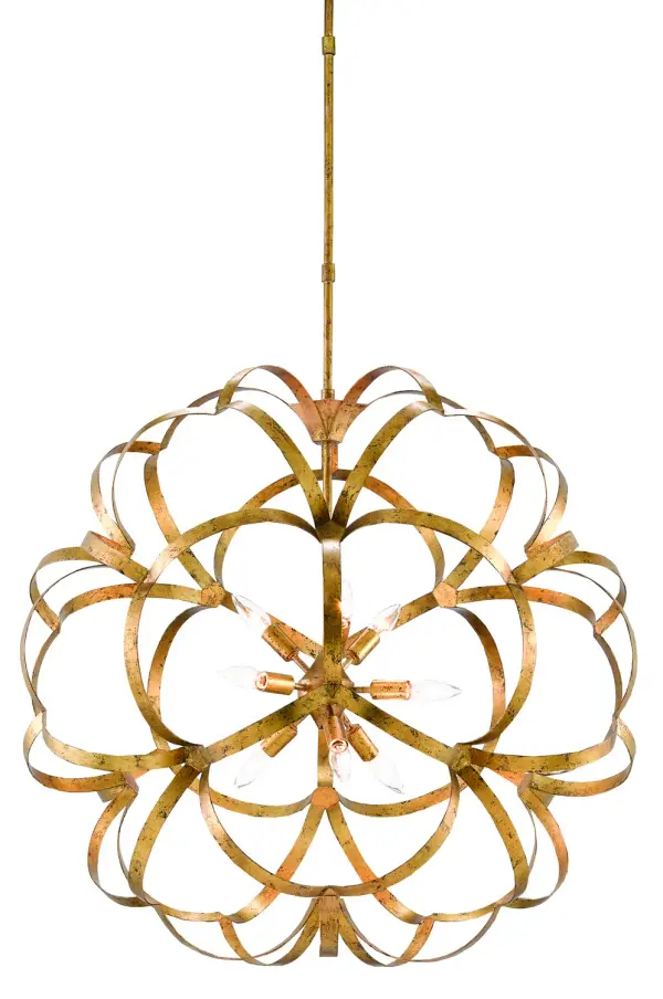 The Sappho transforms rigid wrought iron into flowing ribbons of light, creating a dramatic focal point. Its substantial 33.5-inch diameter and warm gold finish make it ideal for grand spaces requiring statement lighting.