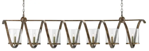 The Maximus Grande makes a bold statement with its 64-inch span and spiraling wrought iron frame. Seven glass shades provide ample illumination while the mottled Pyrite Bronze finish adds rich texture and warmth to large spaces.
