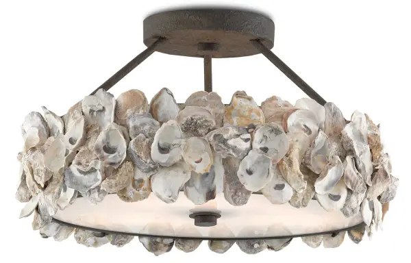 This distinctive semi-flush mount brings authentic seaside charm with a ring of natural oyster shells surrounding a white marble acrylic diffuser. The textured bronze wrought iron frame adds rustic elegance while the compact 19-inch diameter fits beautifully in smaller spaces.