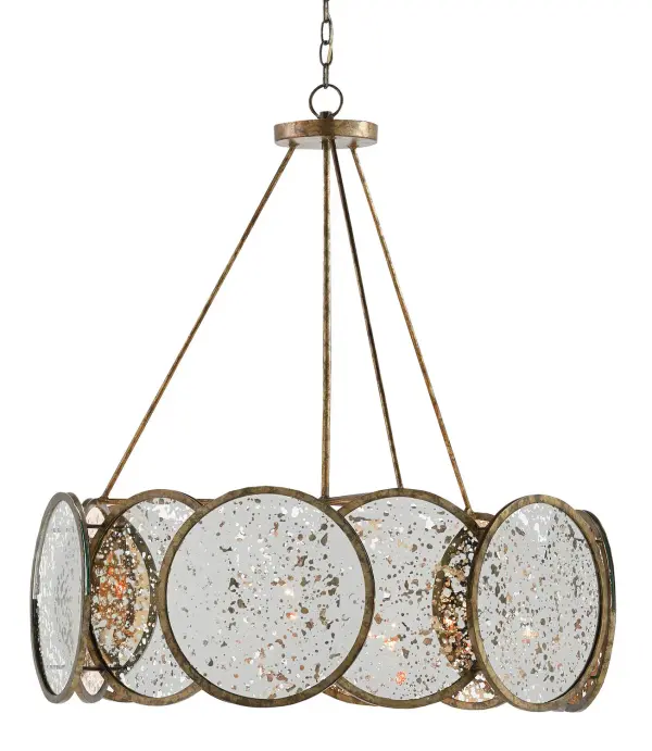 The Oliveri chandelier combines reflective antique mirror panels with distressed Pyrite bronze metalwork for a sophisticated statement piece. Its 34-inch diameter and adjustable height make it versatile for various ceiling heights.