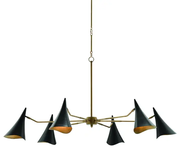 This 62-inch linear chandelier makes a bold statement with its organic mid-century silhouette and sophisticated two-tone finish. The contrast between oil rubbed bronze exteriors and gleaming antique brass interiors creates visual depth and warmth.