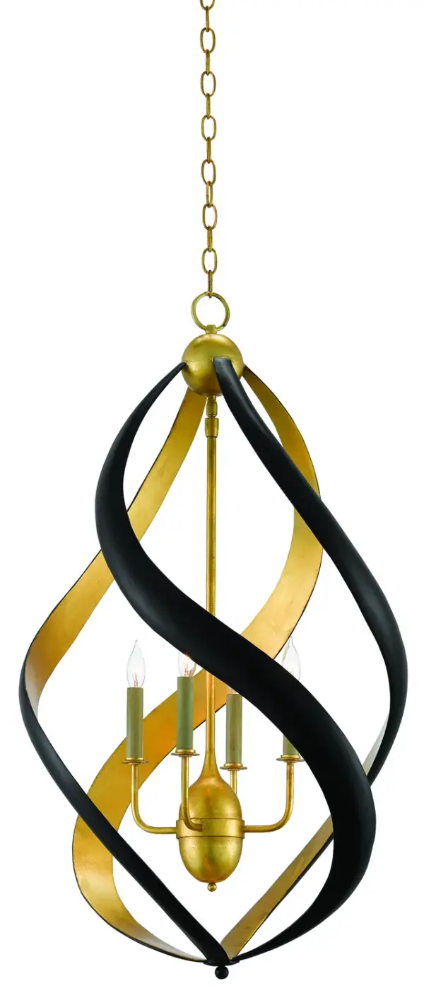 The Trephine chandelier transforms rigid wrought iron into flowing, sculptural forms with a striking two-tone finish. Its contemporary gold leaf and satin black contrast creates visual drama perfect for modern and transitional spaces.