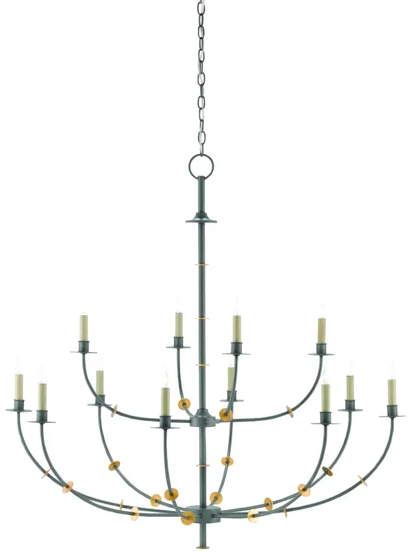 The Balladier combines classical chandelier proportions with contemporary design elements. Thin wrought iron arms in Hiroshi gray paired with gold leaf circlets create visual interest while maintaining an airy profile despite its substantial 45.5-inch diameter.