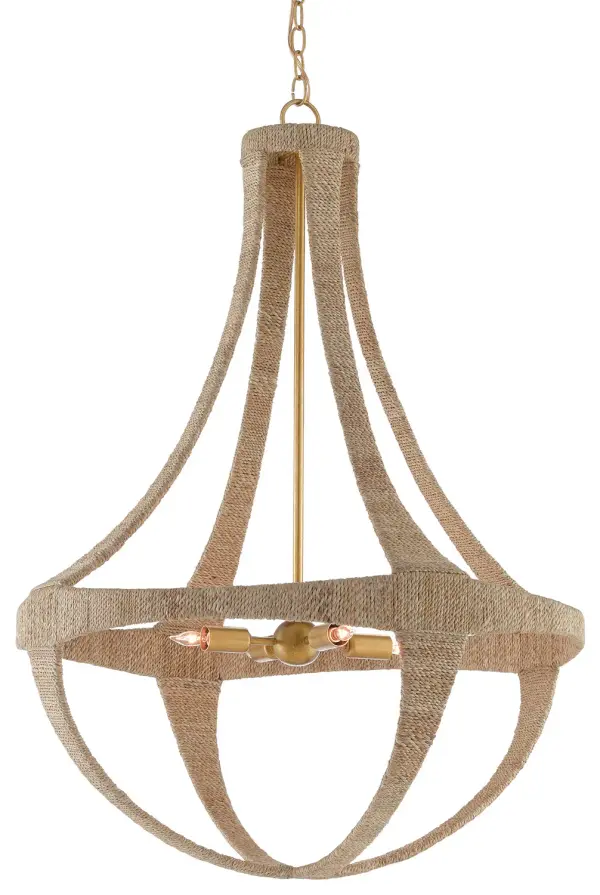 The Ibiza Chandelier showcases exceptional craftsmanship with hand-wrapped Abaca rope over a wrought iron frame. Its warm natural tones and gold leaf accents create a sophisticated coastal aesthetic that works beautifully in both traditional and contemporary spaces.