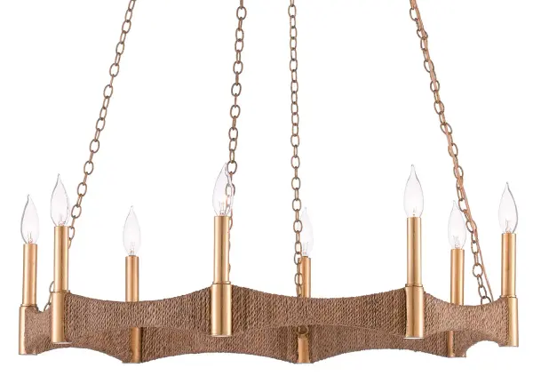 The Mallorca brings natural warmth through hand-wrapped Abaca rope on a sculptural wavy frame. Eight exposed bulbs on gold rods create ambient glow while the rope texture adds organic dimension. Perfect for coastal, organic modern, or transitional spaces seeking textural interest.