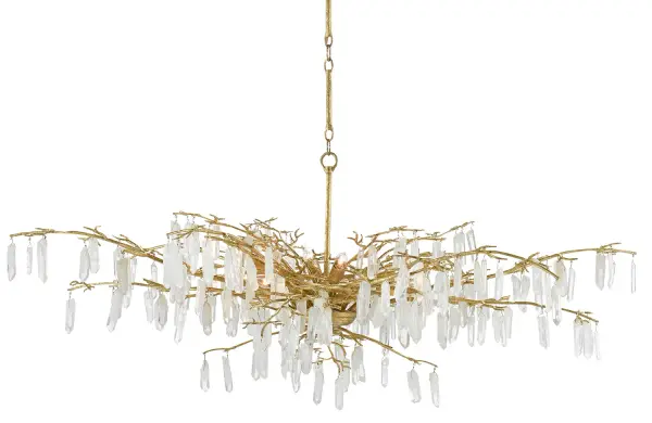 An exceptional statement piece featuring natural quartz crystals and washed Lucerne gold finish. At over 5 feet wide, this eight-light chandelier brings dramatic organic beauty to grand spaces with its artisanal craftsmanship.