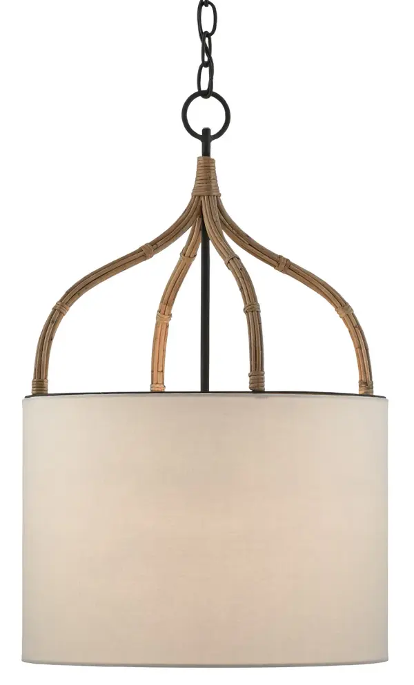 The Dunning Pendant showcases handwrapped natural Arurog rattan over a blacksmith iron frame, creating an organic yet refined aesthetic. Its compact 15.5" width makes it ideal for smaller spaces while the eggshell shade provides warm, diffused light.