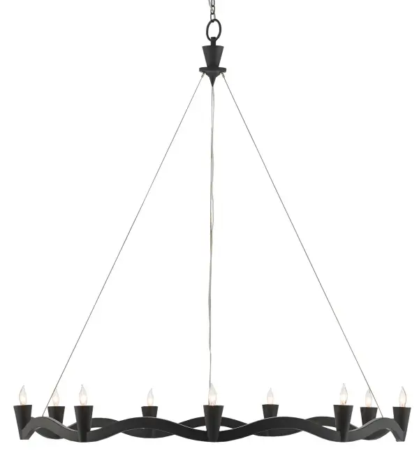 The Serpentina makes a bold architectural statement with its unique serpentine ring suspended by aircraft cable. The wrought iron construction and antique black finish deliver industrial sophistication, while nine lights provide ample illumination for large spaces.