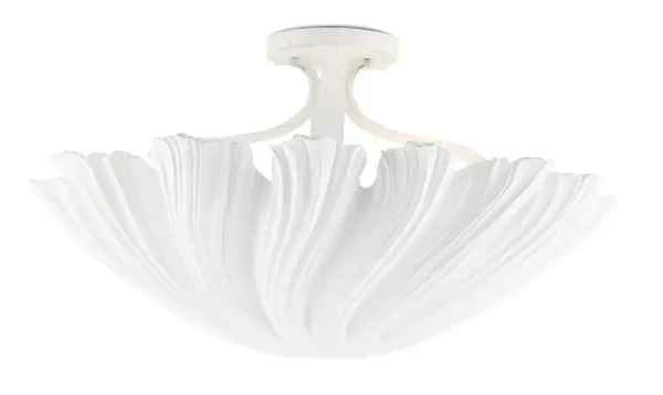 The Hadley Semi-Flush brings soft elegance with its unique tassel-inspired form and striated bell shape in gesso white. Perfect for spaces needing refined lighting with a touch of femininity and texture.