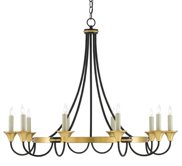 The Hanlon combines contemporary elegance with dramatic contrast through its curved metal ribs in washed black embracing a luminous gold ring. This ten-light fixture delivers substantial illumination while maintaining visual lightness through its open, sculptural form.