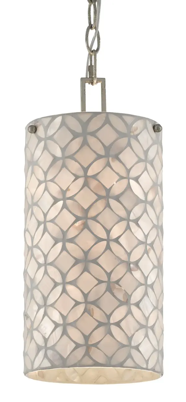 The Ellison Pendant combines natural beauty with refined metalwork. Its mother of pearl shade features a distinctive four-point star pattern that creates captivating light play, while antique silver leaf accents add sophisticated contrast.
