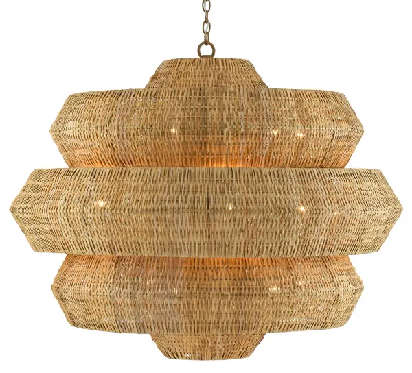 The Antibes Grande is a show-stopping 48-inch chandelier that brings coastal elegance and organic texture to grand spaces. Hand-woven natural rattan creates dramatic geometric form, while 18 lights provide ample illumination.