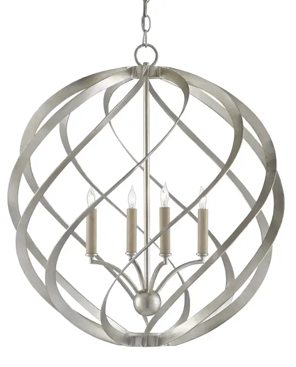 The Roussel combines architectural orb geometry with delicate floating candle arms. Undulating wrought iron bands in silver leaf create dynamic visual interest while maintaining contemporary elegance. Versatile sizing works across multiple spaces.