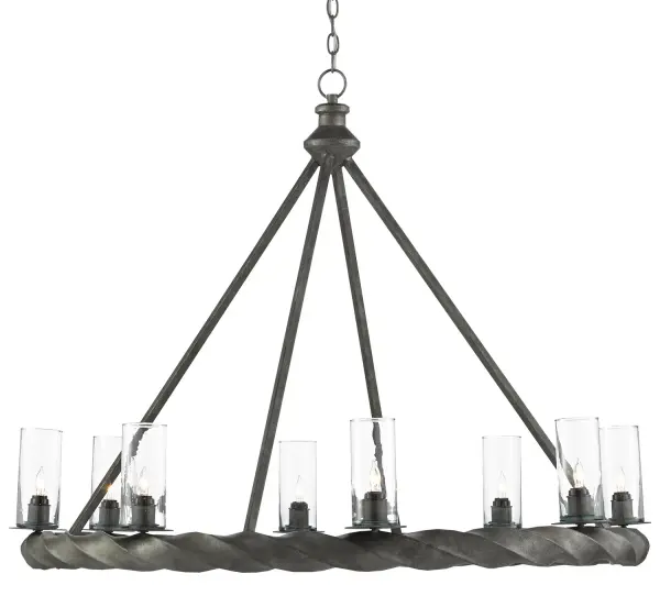 The Orson brings traditional elegance with its 45-inch span and distinctive rope-motif ring. Eight clear glass canisters and wrought iron construction create a commanding presence perfect for large dining spaces.