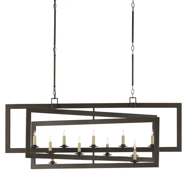 The Middleton chandelier features an innovative interlocking square design that creates visual depth through diminishing perspective. Its substantial 54-inch length and warm bronze gold finish make it ideal for large dining spaces and kitchen islands.