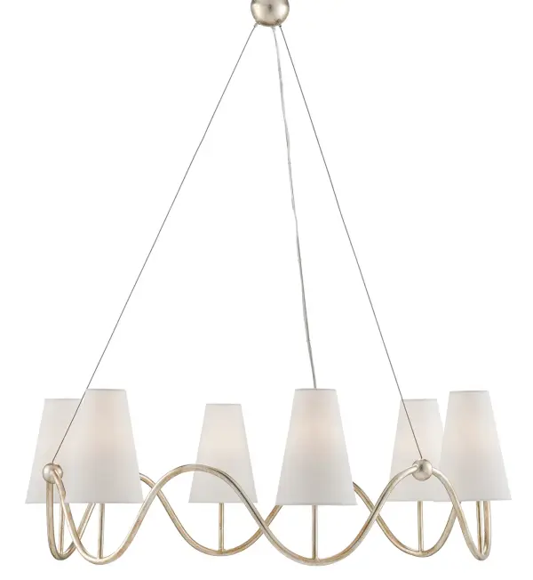 The Kadir chandelier combines contemporary design with artisanal craftsmanship. Its distinctive wave-like ring adorned with decorative globes creates visual interest, while off-white linen shades soften the light for elegant ambiance.
