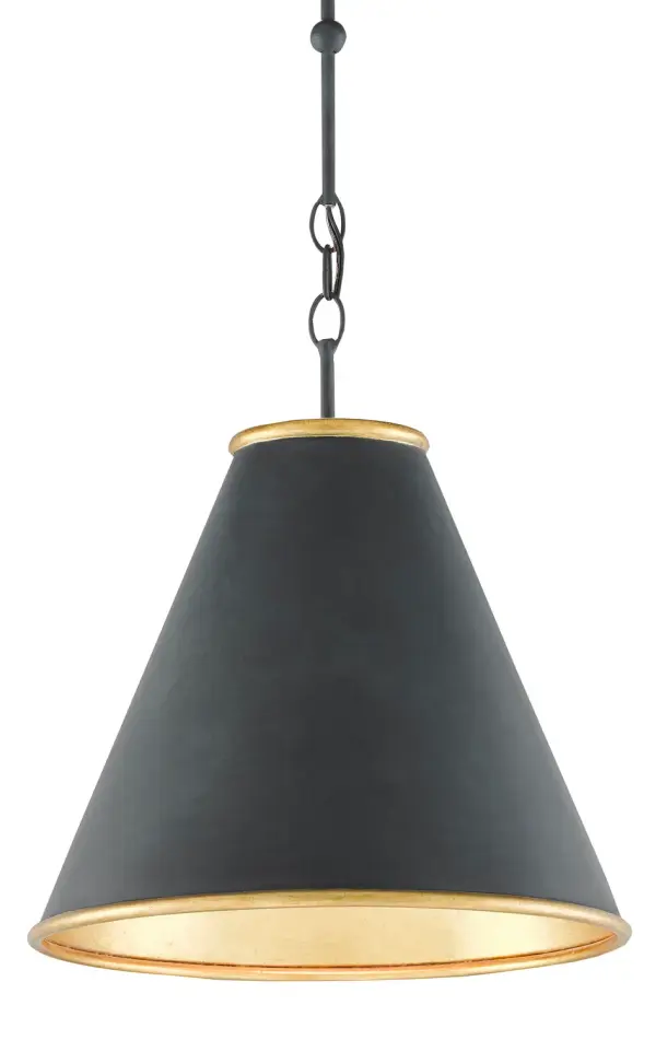 The Pierrepont pendant delivers sophisticated style in a compact 16-inch footprint. Its wrought iron construction features dramatic contrast between the matte black exterior and gleaming gold leaf interior, creating visual interest from every angle.