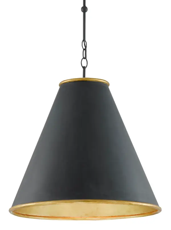 The Pierrepont pendant combines industrial-inspired wrought iron construction with sophisticated dual finishes. Its geometric spherical design features antique black exterior with warm gold leaf interiors, creating dramatic visual interest from every angle.