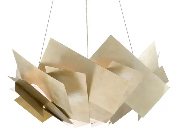 The Artiste Chandelier makes a striking statement with its sculptural wrought iron panels arranged in an edgy geometric composition. The silver leaf finish adds sophistication while the opaque acrylic diffuser softens the light beautifully.