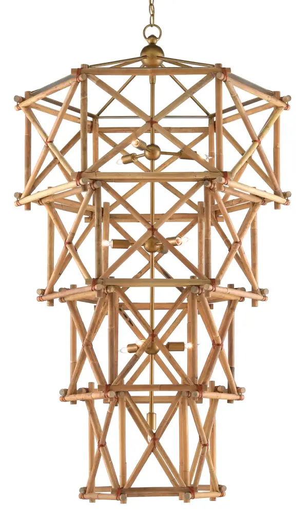 The Kingali Grande makes a bold organic statement with interlocking natural rattan sections and brass accents. Its substantial 34-inch diameter and ten lights create dramatic impact in large spaces while maintaining an airy, textural quality.