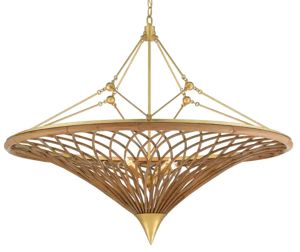 The Gaborone brings organic texture and sophisticated warmth to any space. Hand-woven natural rattan paired with contemporary gold leaf creates a striking focal point that bridges coastal, modern, and transitional aesthetics beautifully.