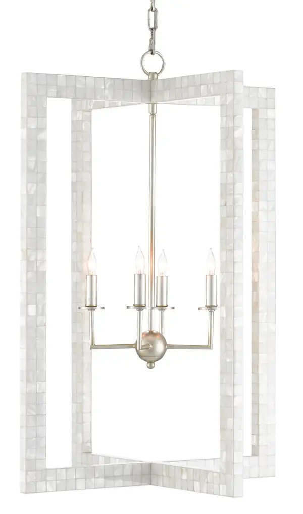 The Arietta Chandelier showcases exceptional artisan craftsmanship with hand-applied mother-of-pearl mosaic covering thin rectangular panels. The contemporary silver leaf finish enhances the natural iridescence, creating a sophisticated glow when illuminated.