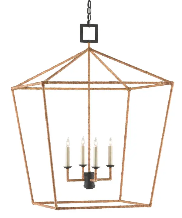 The Denison Lantern combines timeless lantern styling with organic rattan texture, creating a sophisticated coastal-inspired statement piece. The natural rattan wrapping over hammered wrought iron adds warmth and visual interest to grand entryways and dining spaces.