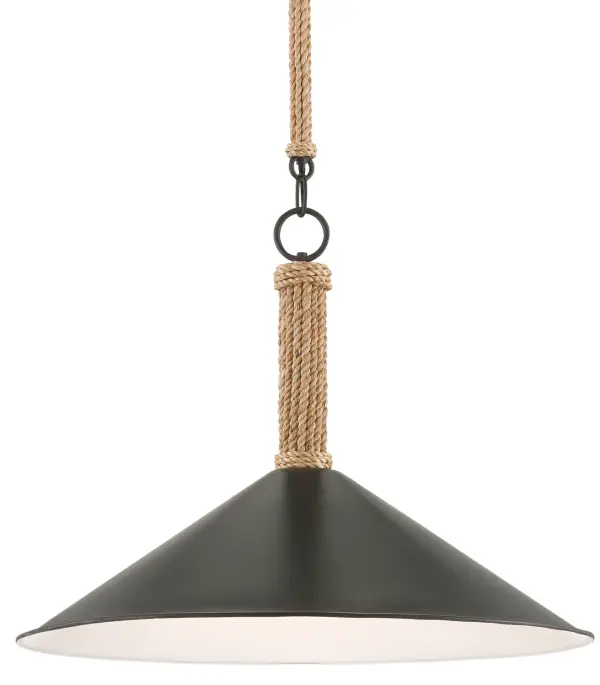 The Ocracoke Pendant blends farmhouse warmth with industrial edge through its blacksmith finish and distinctive rope-covered hanging links. The sugar white interior maximizes light output while the natural abaca rope adds organic texture.