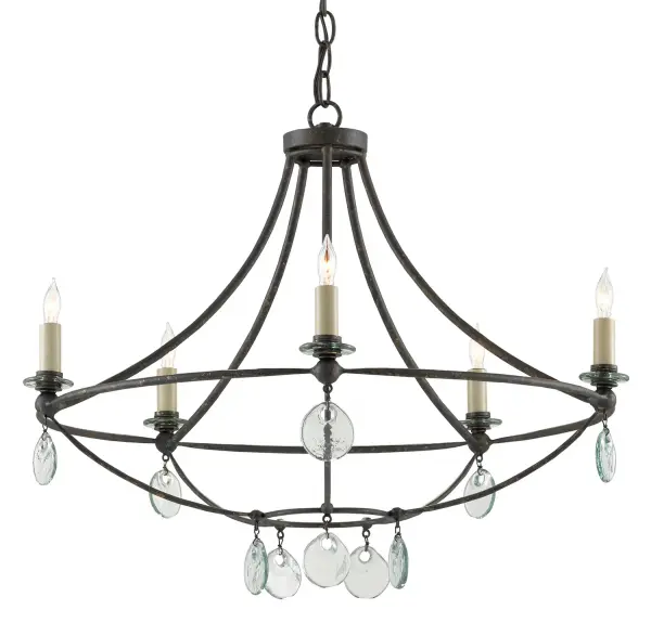 The Novella chandelier combines timeless craftsmanship with eco-conscious design. Recycled glass bobeches and discs catch light beautifully against the Mayfair black wrought iron frame, creating visual interest without overwhelming a space.