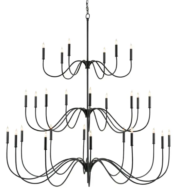 The Tirrell makes a dramatic statement with 27 candle-style lights arranged on gracefully arcing wrought iron arms. Its substantial 58-inch width and antique black finish bring Early American sophistication to grand spaces.