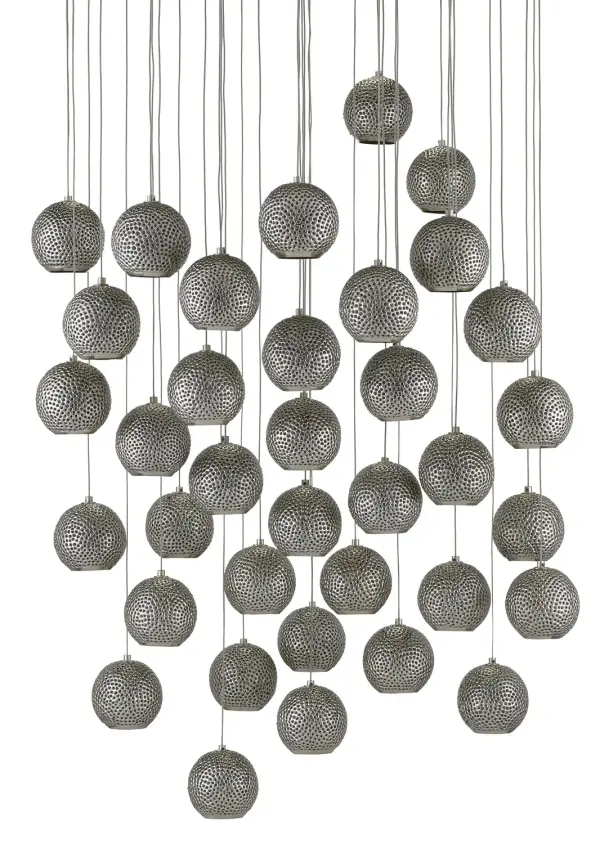 A dramatic multi-drop pendant featuring 36 hand-pierced metal globes in mixed silver and nickel finishes with blue glass bead accents. Perfect for modern farmhouse spaces needing substantial lighting and visual impact.