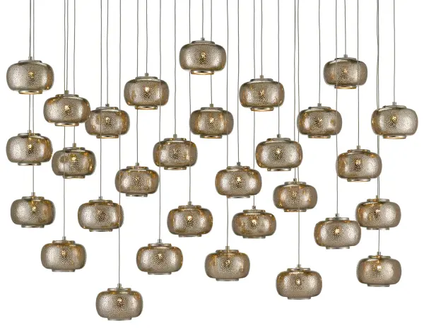 A show-stopping multi-drop pendant featuring 30 pierced metal orbs in mixed nickel and silver finishes. The oversized 54-inch linear canopy creates dramatic visual impact perfect for modern farmhouse and industrial interiors.