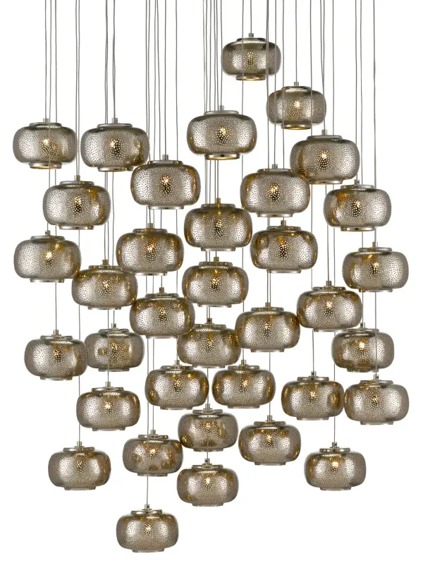 This multi-drop pendant makes a bold statement with 36 pierced metal orbs in mixed nickel and silver finishes. The textural design and substantial scale create dramatic visual impact perfect for large spaces seeking industrial chic or modern farmhouse style.