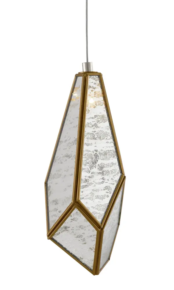 The faceted shade of the Glace 1-Light Multi-Drop Pendant is made of panes of Raj mirror joined with seams of metal in a brass finish. The organic shape of the shade brings this mirrored pendant added personality that will make it a piece of jewelry in a space. The canopy of this piece is luminous in a painted silver finish. This fixture is among Currey & Company's multi-drop pendant collection, which includes multiple configurations. Collection: Glace Finish: Raj Mirror/Antique Brass/Silver Glass: Raj Mirror / Antique Brass Width: 5.50" Height: 22.00" Weight: 3.00 lb Wire: 10'Clear Silver Canopy: 2" Bulbs Included Number of Bulbs: 1 Maximum Wattage: 10.00 W Bulb Type: G4 Bulb Base: G4 Dimmable Voltage: 120.00 V Material: Raj Mirror / Brass / Wrought Iron Country of Origin: China Safety Listing: ETL Safety Rating: Dry Connection: Hardwire Manufacturer Warranty: Warrants products for 1 yr against defects in materials & workmanship