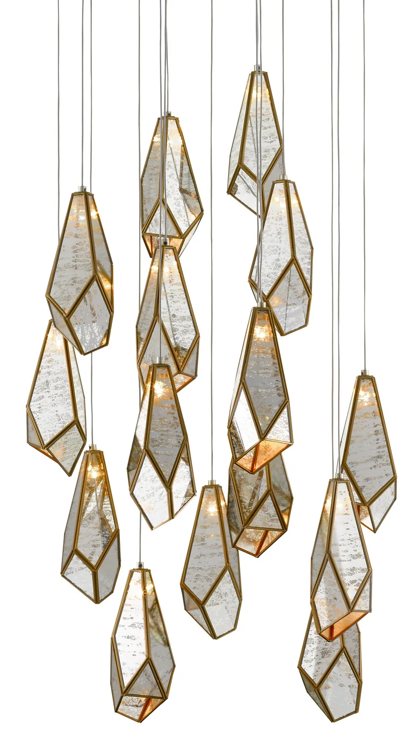 Glace 15-Light Multi-Drop Pendant in Raj Mirror and Antique Brass