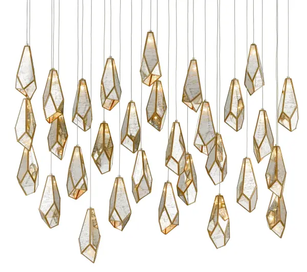 A show-stopping multi-drop pendant featuring 30 faceted Raj mirror shades suspended at varying heights. The organic arrangement and reflective surfaces create dynamic light play, while mixed metal finishes add sophisticated depth.
