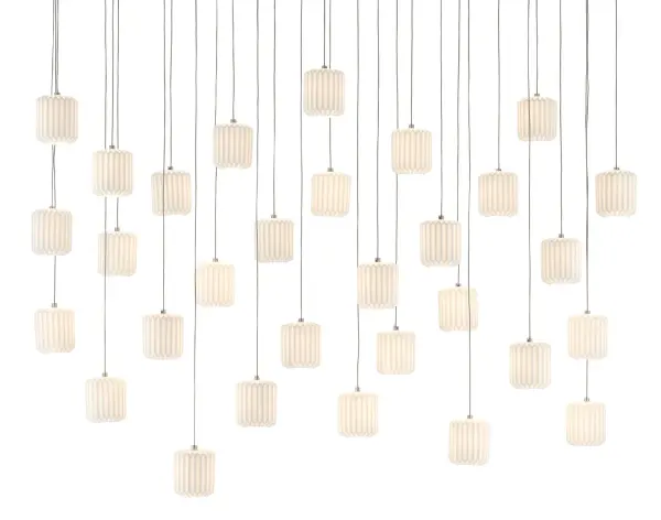 A stunning oversized linear chandelier featuring 30 individual pleated ceramic shades that create a cloud-like effect. The textured white ceramic diffuses light beautifully while the silver canopy adds a refined metallic accent.