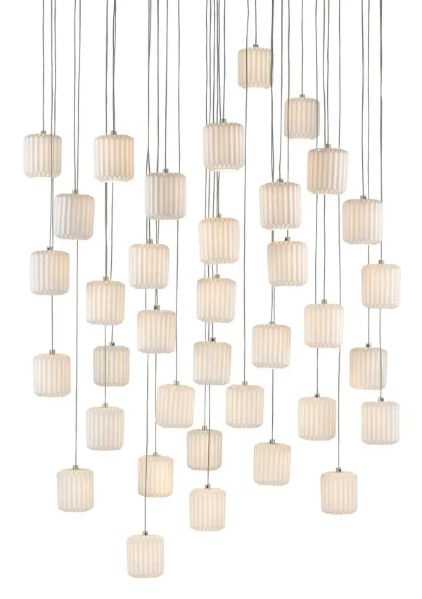 A dramatic multi-drop pendant featuring 36 pleated ceramic shades that create a cloud-like installation. The textured white ceramic diffuses light beautifully while the silver canopy adds a refined metallic accent. Perfect for making a bold statement in large spaces.