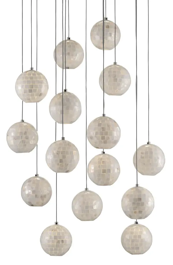 A stunning 15-light pendant featuring hand-applied mother of pearl squares on each orb shade. The luminous silver canopy complements the natural iridescence, creating sophisticated ambient lighting for dining and living spaces.