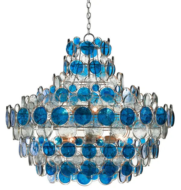 A show-stopping 43-inch chandelier featuring hundreds of hand-attached recycled glass discs in blue and clear tones. The contemporary silver leaf frame creates stunning light reflections through layered glass circles, perfect for grand spaces.