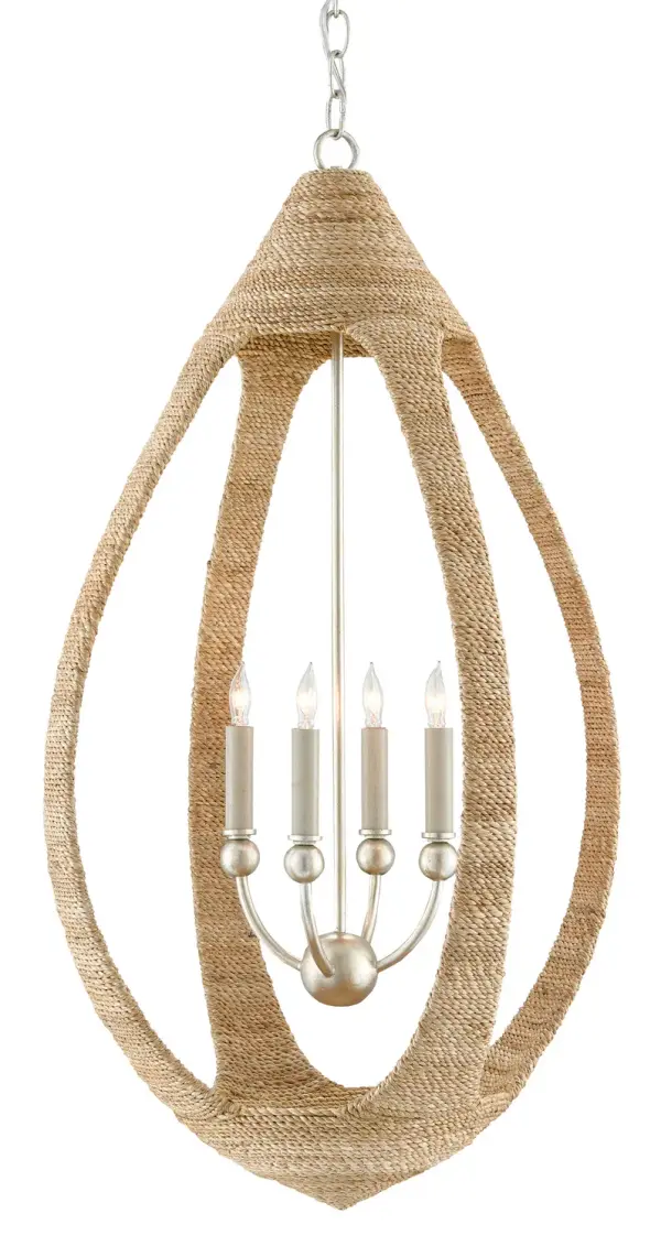 The Menorca's football-inspired shape and hand-wrapped abaca rope create a striking focal point that bridges coastal and contemporary styles. The silver leaf accents add sophistication while the natural rope texture brings warmth.