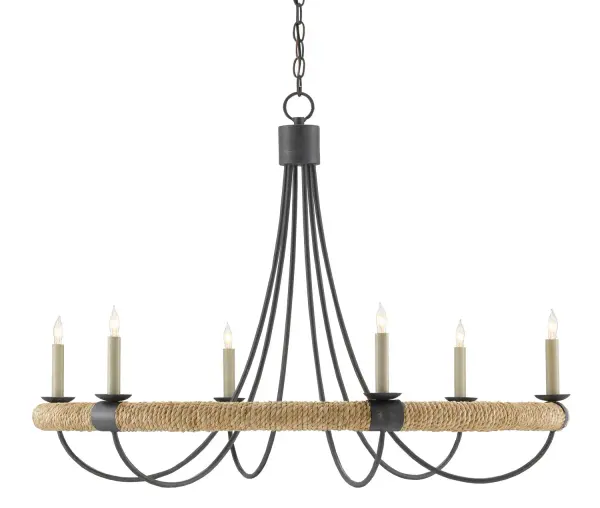 The Shipwright brings coastal charm to modern farmhouse interiors with its distinctive abaca rope-wrapped ring and six candle-style lights. The mixed French black and smokewood finishes add depth while the 38.5-inch width makes a statement without overwhelming the space.