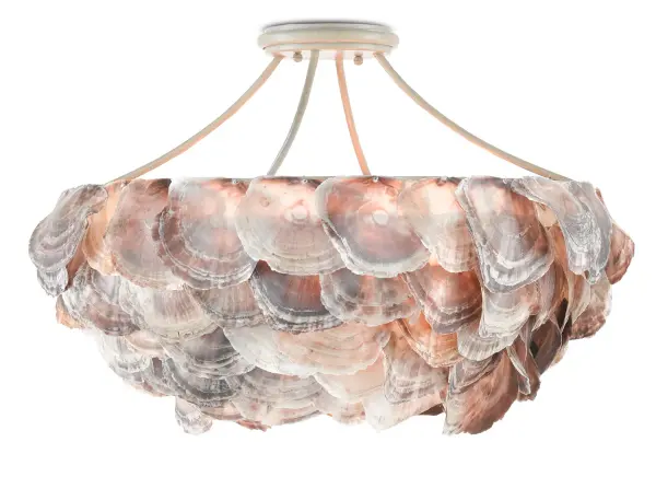 A stunning semi-flush chandelier featuring hand-applied capiz shells on a smokewood wrought iron frame. The natural shell texture creates warm, diffused light perfect for coastal and organic modern interiors. Six lights provide ample illumination.