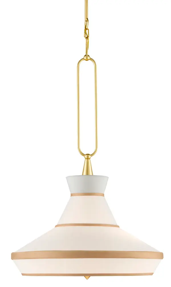 The Perth Pendant offers a sophisticated blend of traditional drum shade design with contemporary gold leaf detailing. The off-white fabric shade with gold trim creates warm, diffused lighting while the decorative loop and finessed hardware add visual interest.