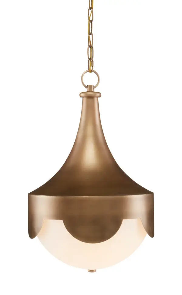 The Pasha LED Pendant brings bazaar-inspired charm with its scalloped antique brass shade and frosted glass diffuser. Energy-efficient integrated LED delivers warm 2700K light, while the adjustable drop accommodates various ceiling heights.