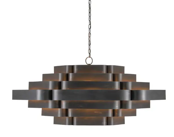 The Bailey chandelier makes a bold architectural statement with its 48-inch ribbon design and sophisticated two-tone finish. The contemporary gold leaf interior creates a warm ambient glow while the French black exterior adds dramatic contrast.