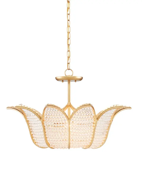 Designed by Bunny Williams, this sophisticated chandelier features a tulip-shaped wrought iron frame adorned with clear glass beads that create a soft, effervescent glow. The contemporary gold leaf finish bridges traditional and modern aesthetics.