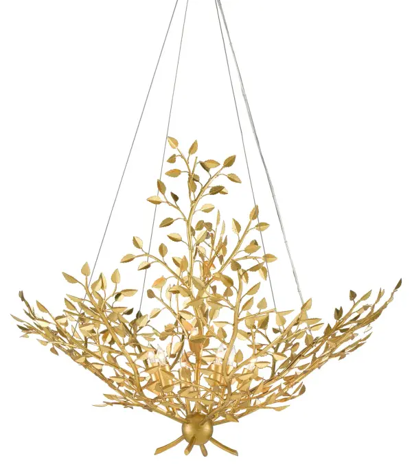 The Huckleberry Chandelier transforms organic forms into refined contemporary art. Hand-forged metal twigs adorned with welded leaves create a dramatic botanical statement, elevated by a lustrous gold leaf finish.