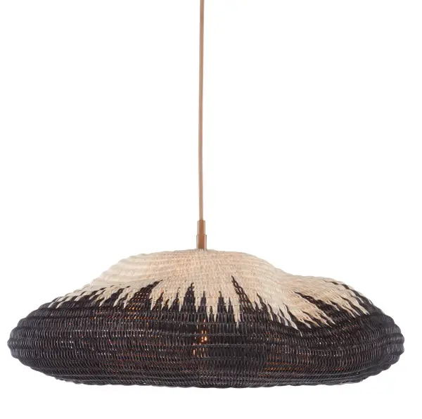 This Paris-inspired pendant features handcrafted two-tone wicker in a distinctive basket-weave pattern that creates a flame-like visual effect. The natural materials and artisanal construction bring warmth and texture to coastal, organic, or transitional spaces.